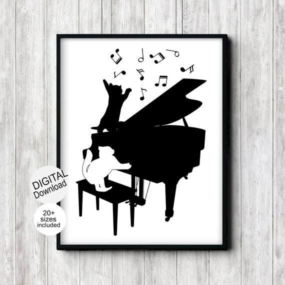 Piano Art Print With Cute Cats, Music Notes