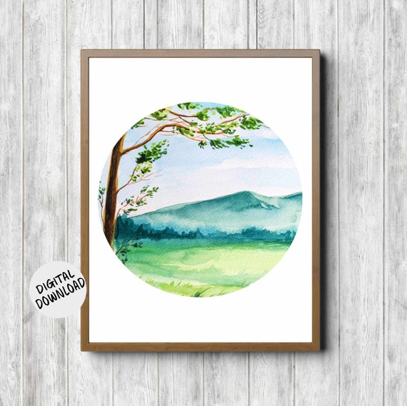 Watercolor Nature Scenery With Tree Landscape Circle Nursery Office Bedroom Wall Art Countryside Poster