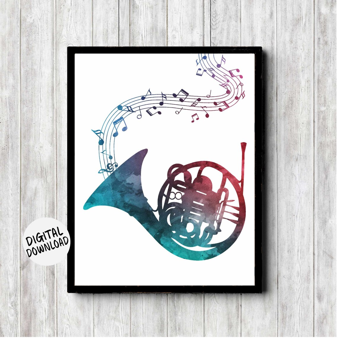 French Horn Watercolor Silhouette with Music Notes Band Poster