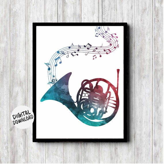 French Horn Watercolor Silhouette with Music Notes Band Poster