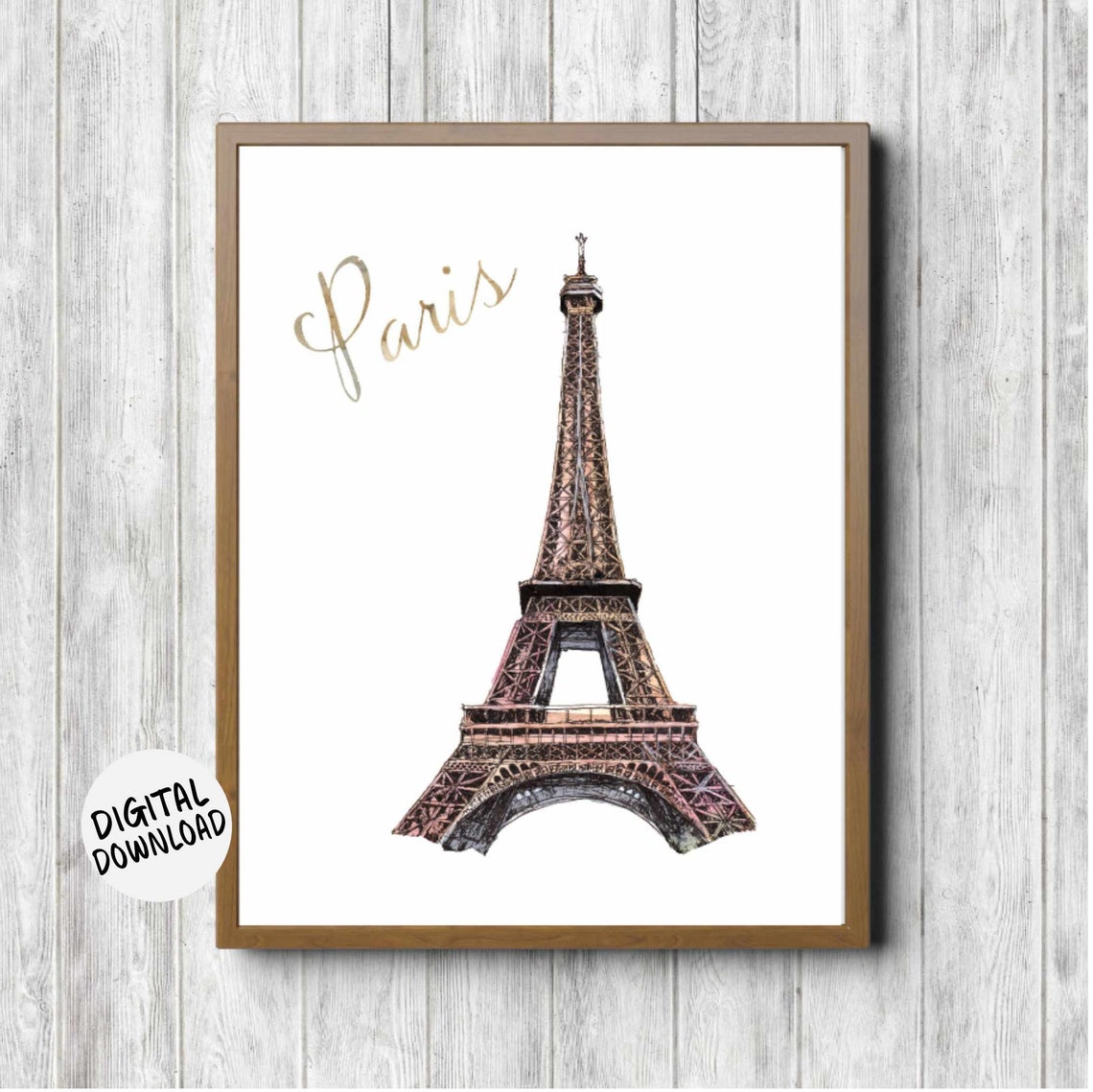Paris Eiffel Tower Gold Script Watercolor Travel Wall Decor Poster