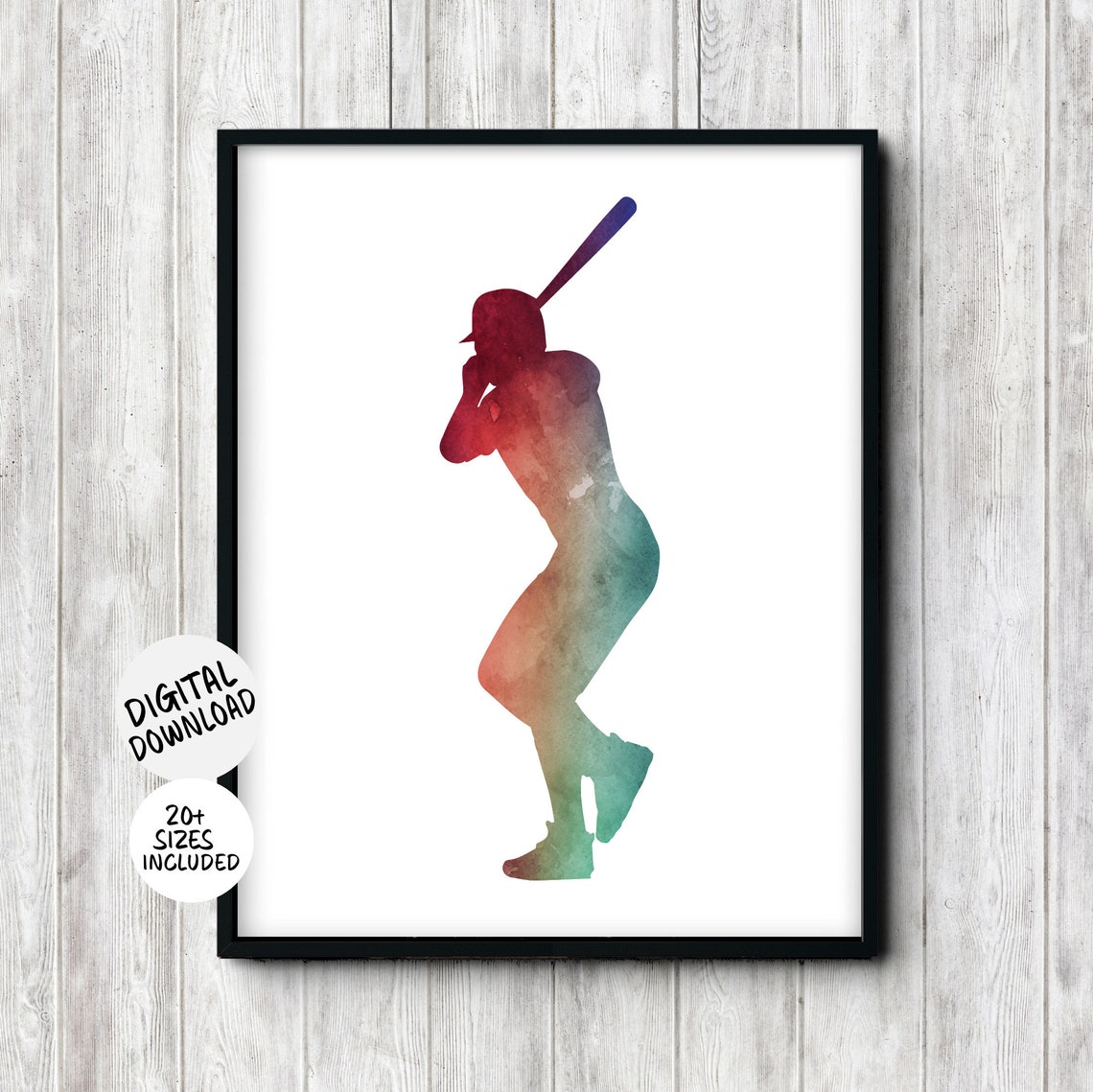 Watercolor Sports Wall Art Baseball Player Silhouette Print Teen Boy Nursery Baby Shower Sport Poster Hitter Batter - Image 2