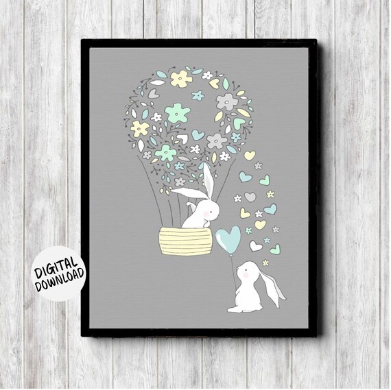 Cute Bunny Baby Shower Nursery Decor Hot Air Balloon With Flowers Wall Art Whimsical Print