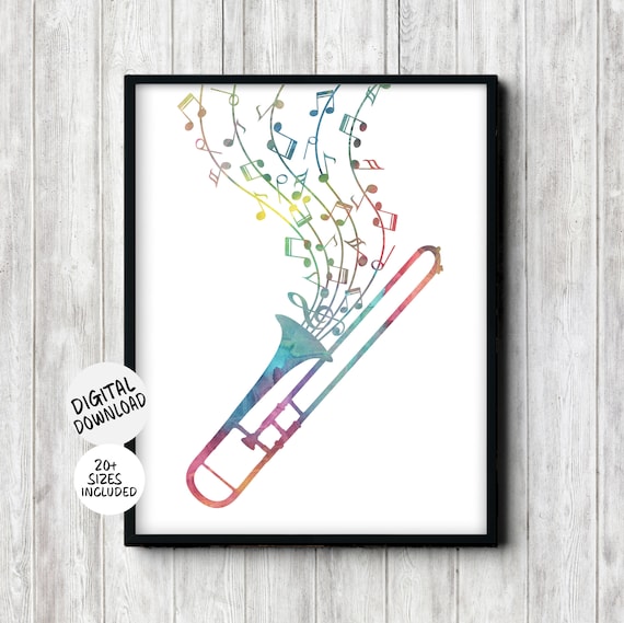 Watercolor Trombone Art With Music Notes, Poster