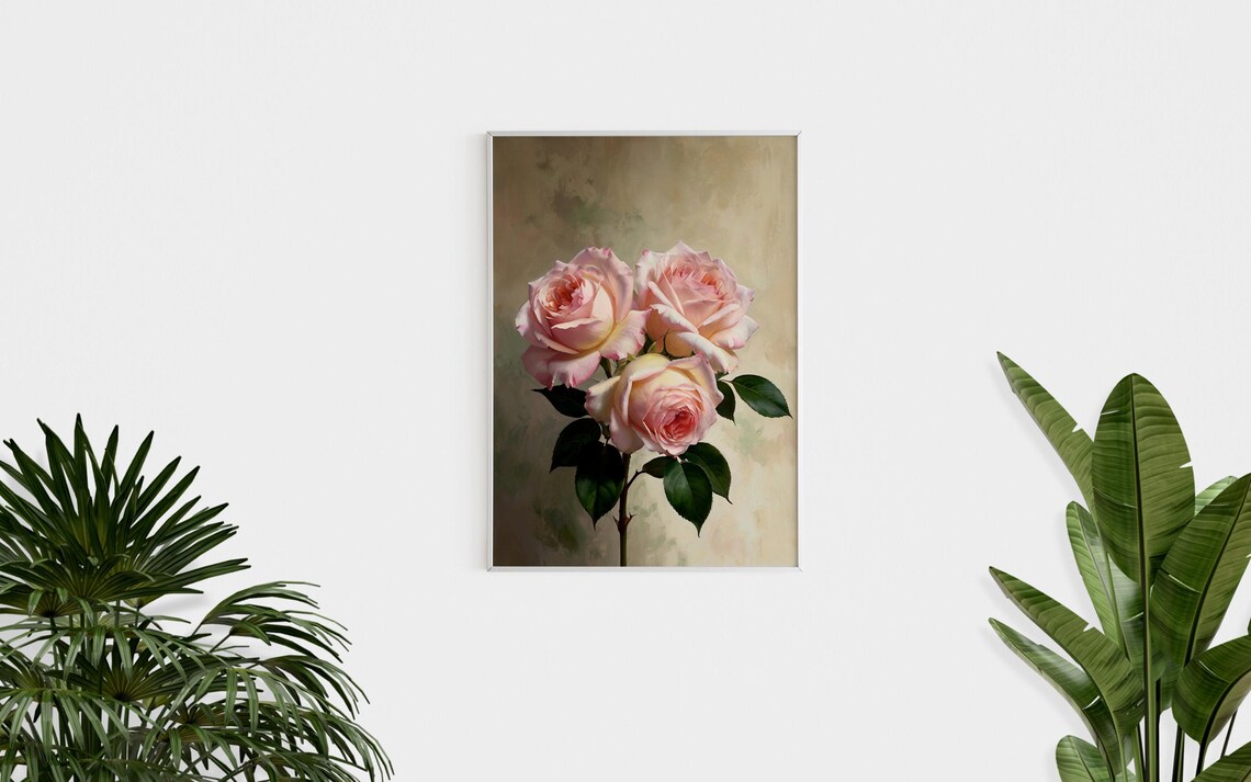 Blush Pink Roses Three Blooms Oil Painting Floral Romantic Poster - Image 2