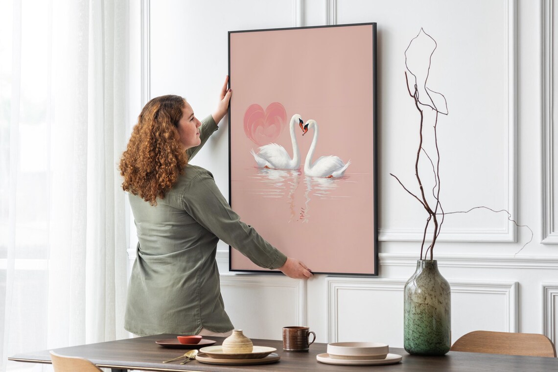Swan Couple Heart Necks Pink Water Romantic Love Illustration Poster - Image 4