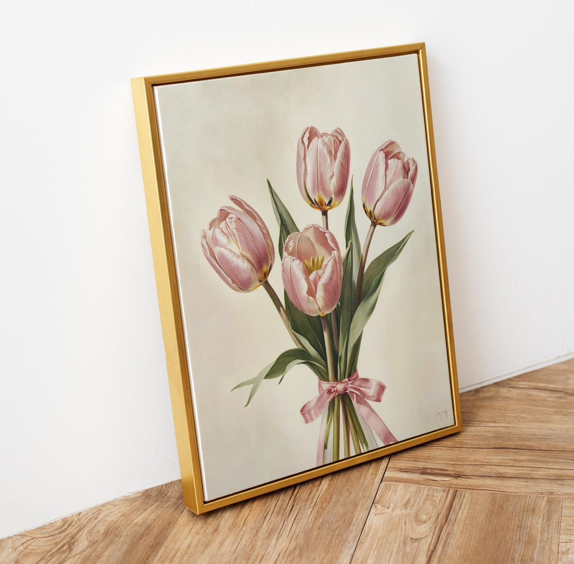 Pink Tulips Bouquet Tied with Pink Bow Botanical Girly Wall Art Print - Image 5