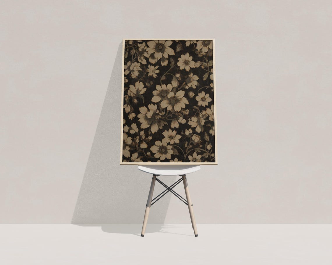 Moody Black Floral Pattern Beige Blooms Vintage Botanical Wall Poster - Image 3