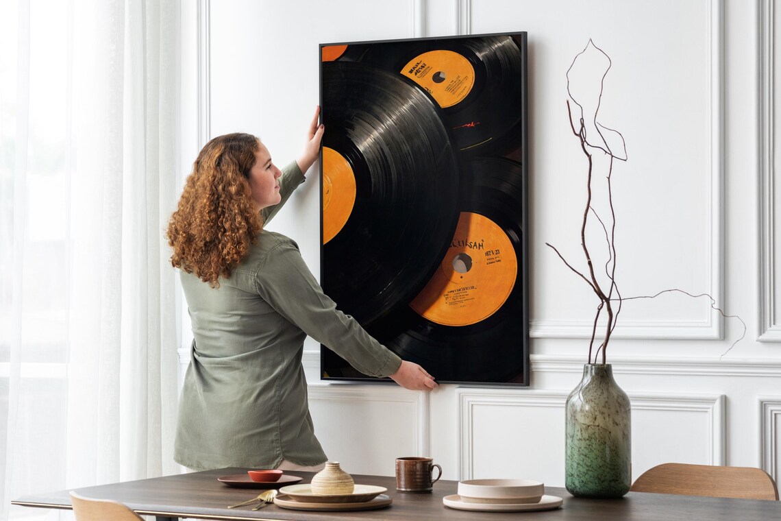 Vinyl Records Orange Labels Close Up Grooves Retro Music Photo Poster - Image 4