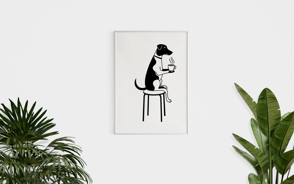 Dog Drinking Coffee Minimalist Line Art Funny Dog Lover Wall Art - Image 3