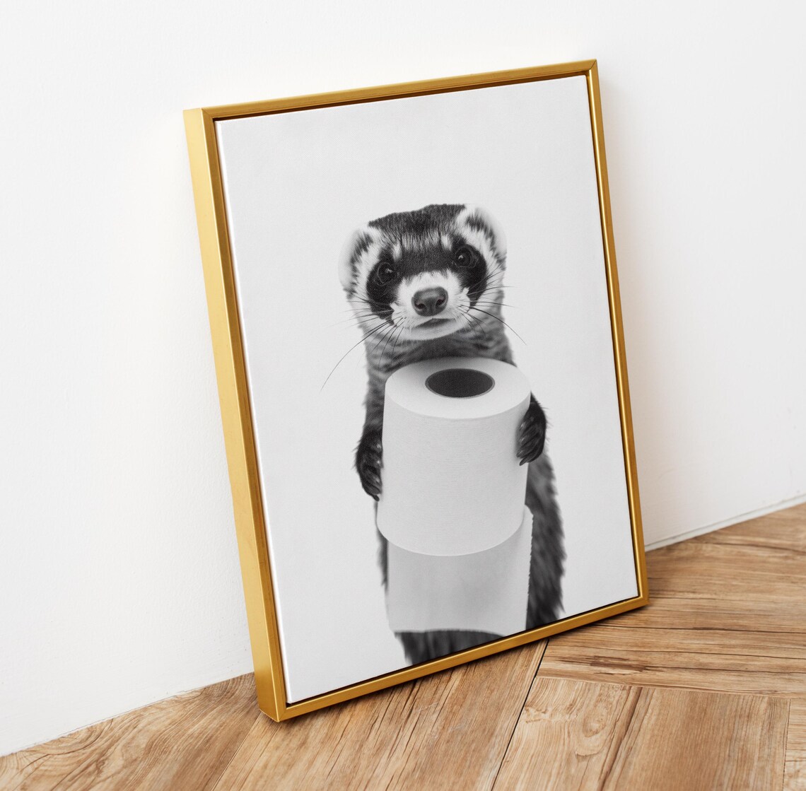 Ferret Holding Toilet Paper Black And White Funny Bathroom Art Poster - Image 5