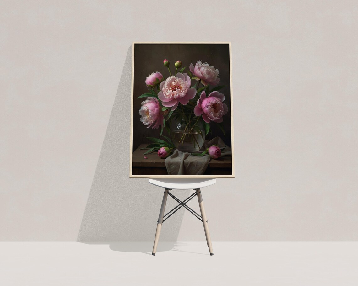 Pink Peonies Glass Vase Oil Painting Dark Background Floral Poster - Image 3