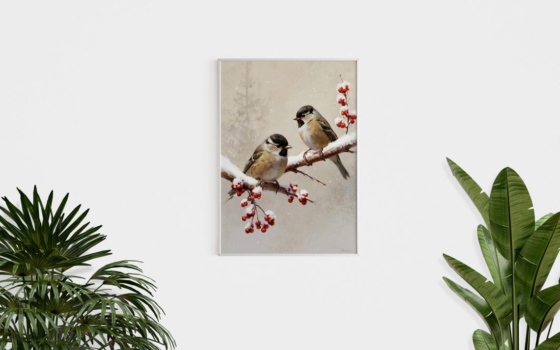 Two Winter Birds on Snowy Branch with Red Berries Bird Wall Art Print - Image 2