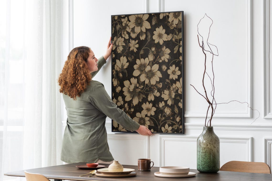 Moody Black Floral Pattern Beige Blooms Vintage Botanical Wall Poster - Image 4