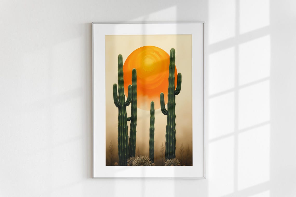 Green Cacti Silhouette Giant Orange Sun Desert Southwest Art Poster - Image 6