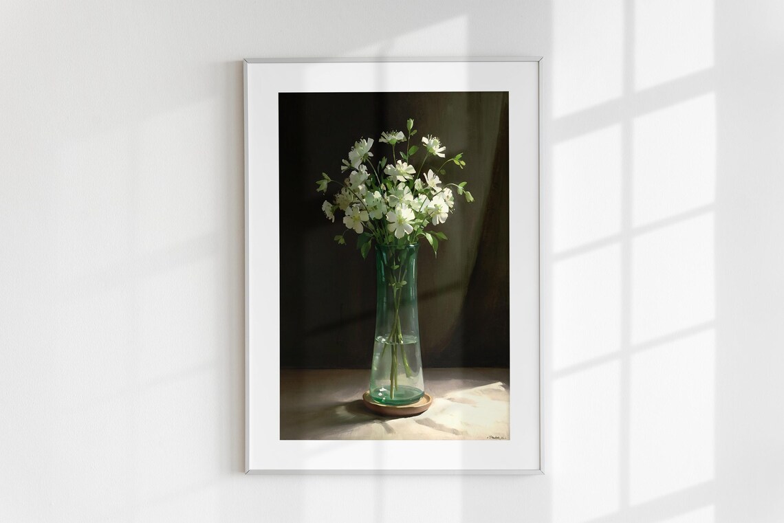White Wildflowers In Glass Vase Dark Green Moody Still Life Art Poster - Image 6