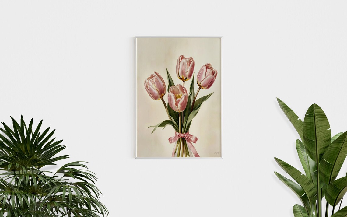 Pink Tulips Bouquet Tied with Pink Bow Botanical Girly Wall Art Print - Image 2