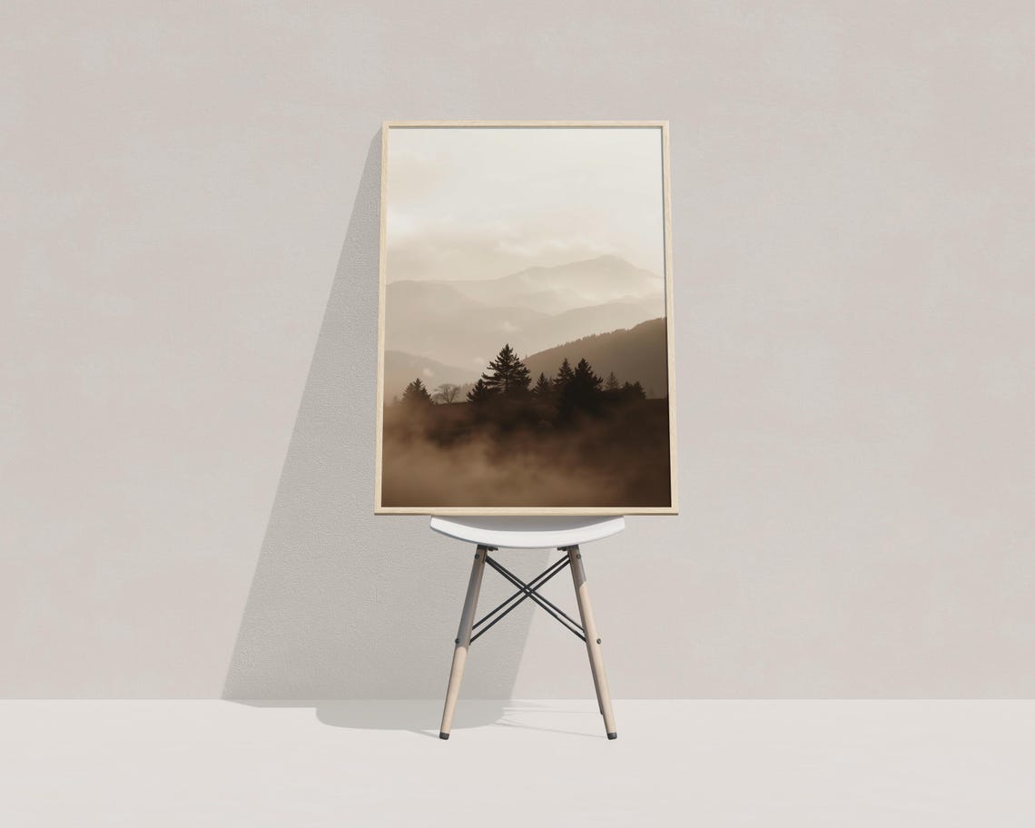 Neutral Sepia Mountain Layers Misty Pines Monochrome Photo Poster - Image 3