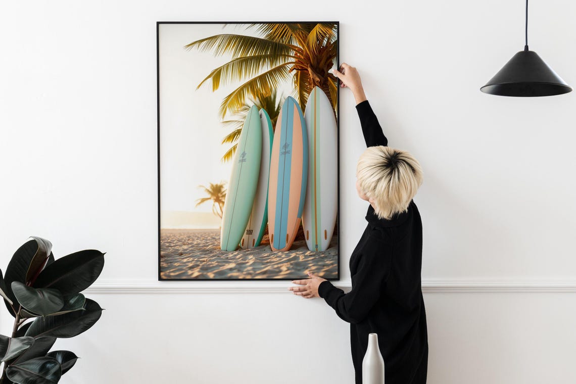 Pastel Surfboards Beach Sunset Palm Trees Tropical Surf Art Poster - Image 2
