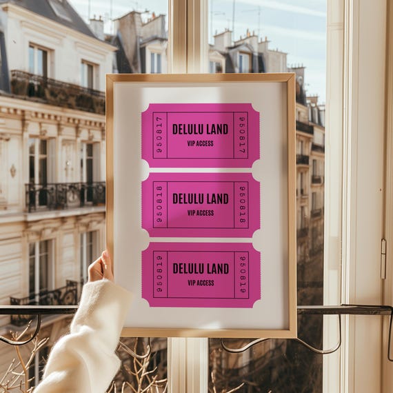 Wall Art Delulu Retro Ticket Poster Cute Girly Dorm Room Decor Hot Pink Trendy