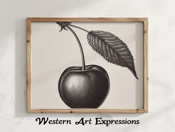 Cherry Illustration Vintage Botanical Kitchen Wall Art Classic Fruit Drawing Black And White Print