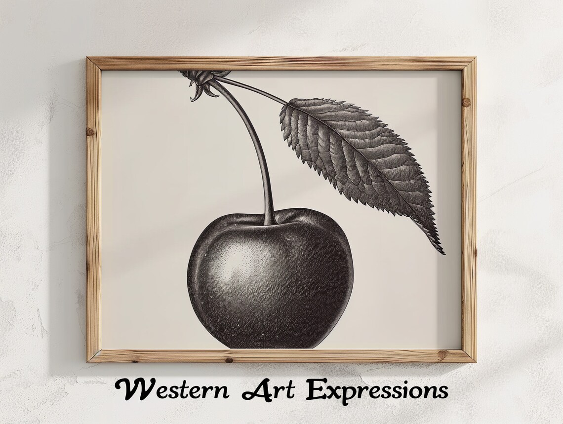 Single Dark Cherry Black and White Botanical Illustration Detail Poster