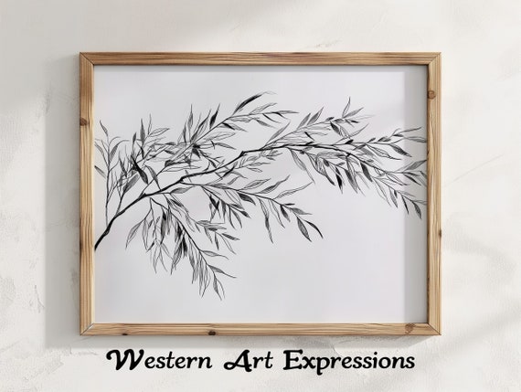 Willow Tree Branch Ink Drawing Minimalist Botanical Elegant Wall Art Black And White Decor Modern Home