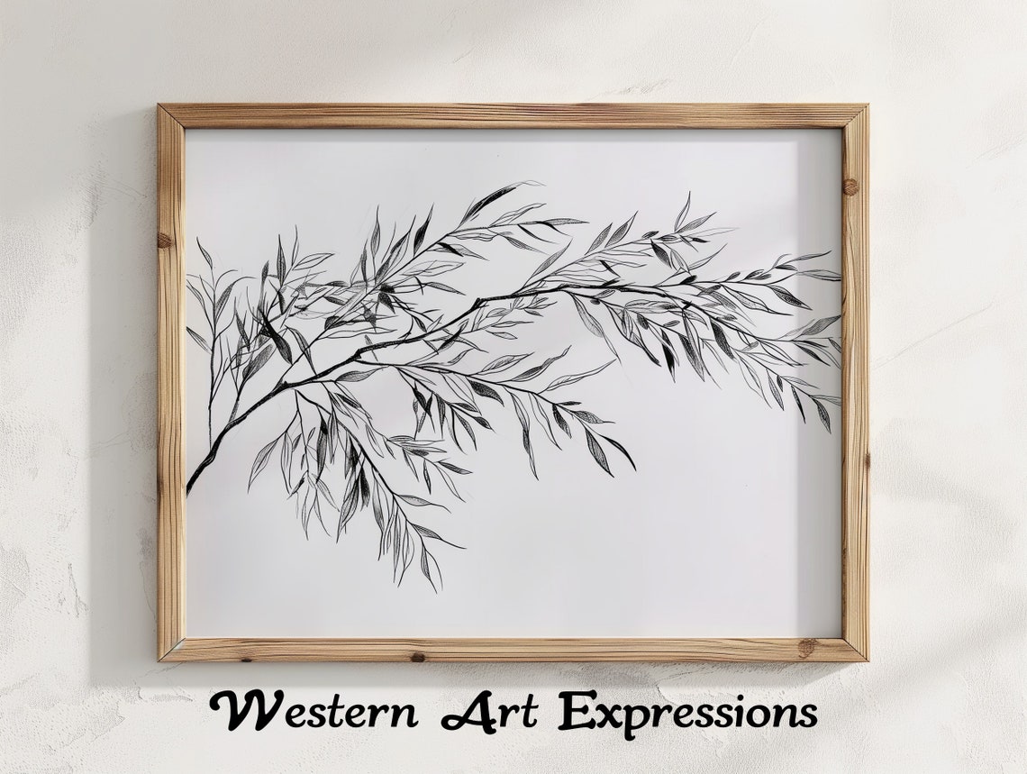Willow Tree Branch Black Ink Botanical Sketch Drawing Poster
