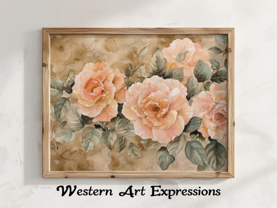 Watercolor Roses Blooming Peach Floral Art Botanical Print Wall Decor Living Room Bedroom Decoration