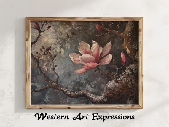 Tulip Tree Blossom Moody Vintage Painting Floral Canvas Print Botanical Home Decor Rustic Nature Living Room