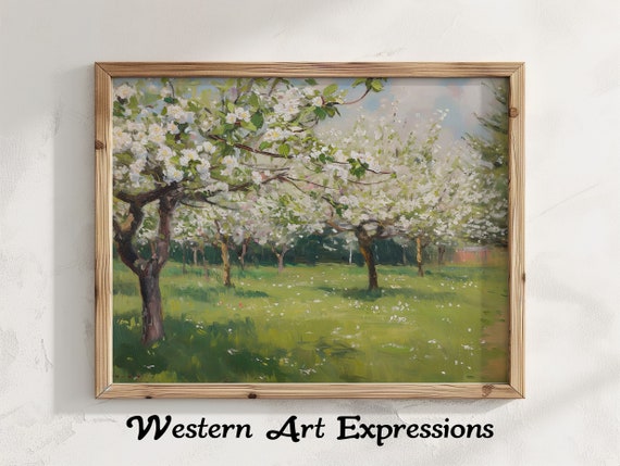 Lilacs In Spring Landscape Painting Blooming Trees Impressionist Nature Print Rustic Countryside Decor