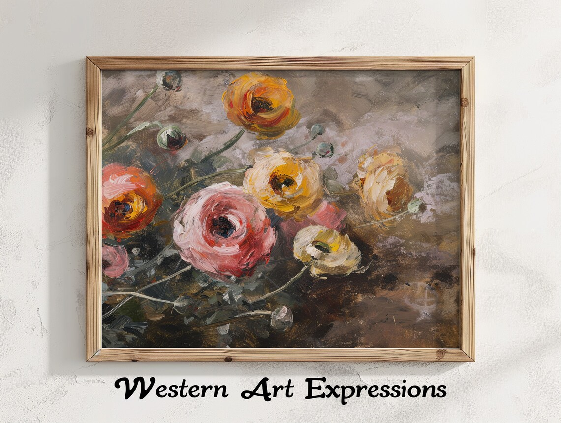 Warm Creamy Ranunculus Blooms Vintage Floral Oil Painting Poster