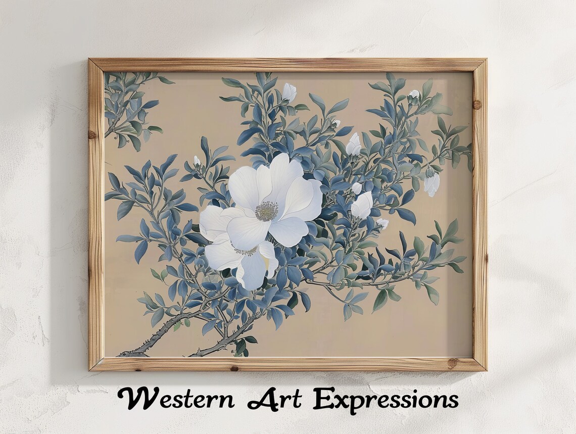 White Flower Blue Leaves Botanical Wall Art Elegant Floral Illustration Large Print Vintage Style Home Decor