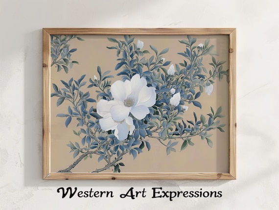 White Flower Blue Leaves Botanical Wall Art Elegant Floral Illustration Large Print Vintage Style Home Decor