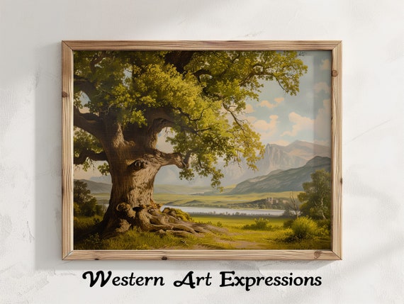 Cottonwood Valley Rustic Landscape Print Vintage Countryside Scene Wall Art Antique Style Nature Decor Tranquil Tree Painting