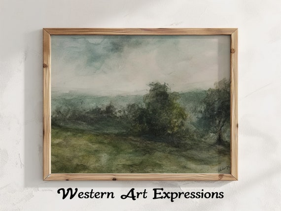 Moody Landscape Storms Descending Watercolor Painting Green Nature Wall Art Original Countryside Artwork Rustic Home