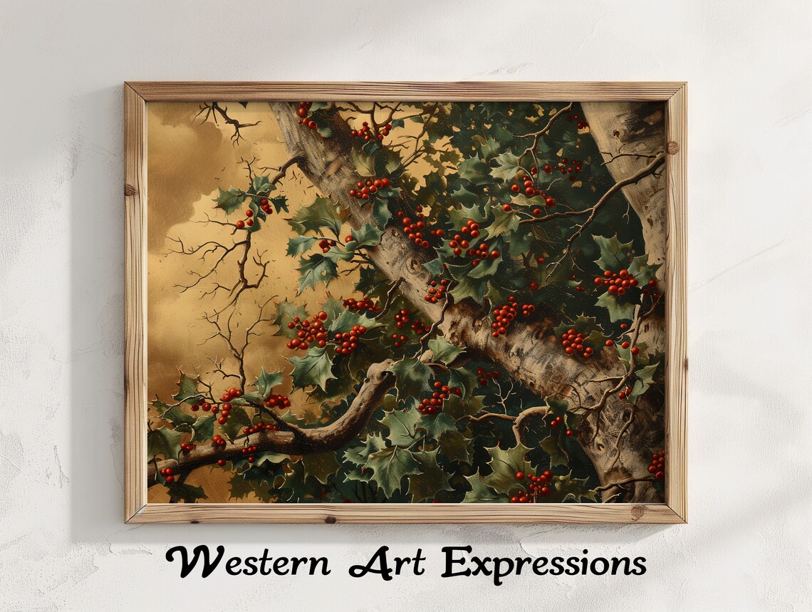 Holly Tree Branch Winter Art Vintage Berries Print Rustic Wall Botanical Illustration Farmhouse Decor