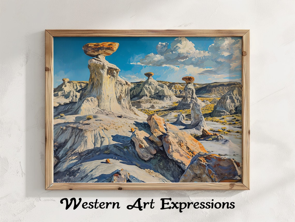 Bisti Badlands White Hoodoo Rock Sculptures Desert Oil Painting Poster