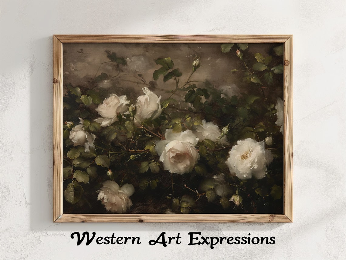 White Roses Blooming on a Bush Vintage Botanical Painting Poster