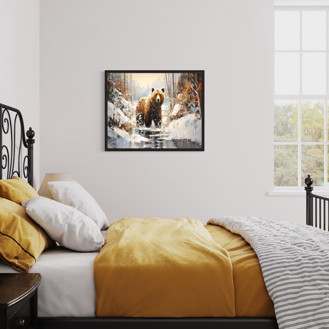 Brown Bear in Snowy Winter Forest Stream Wildlife Painting Poster - Image 2