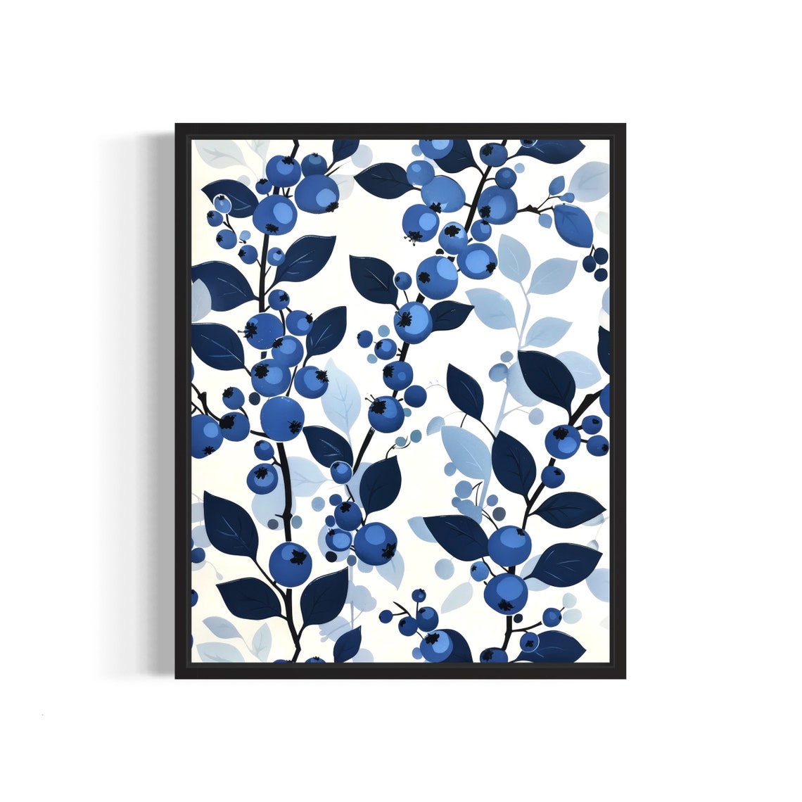 Blueberry Branch Pattern Navy Blue Botanical Kitchen Art Poster