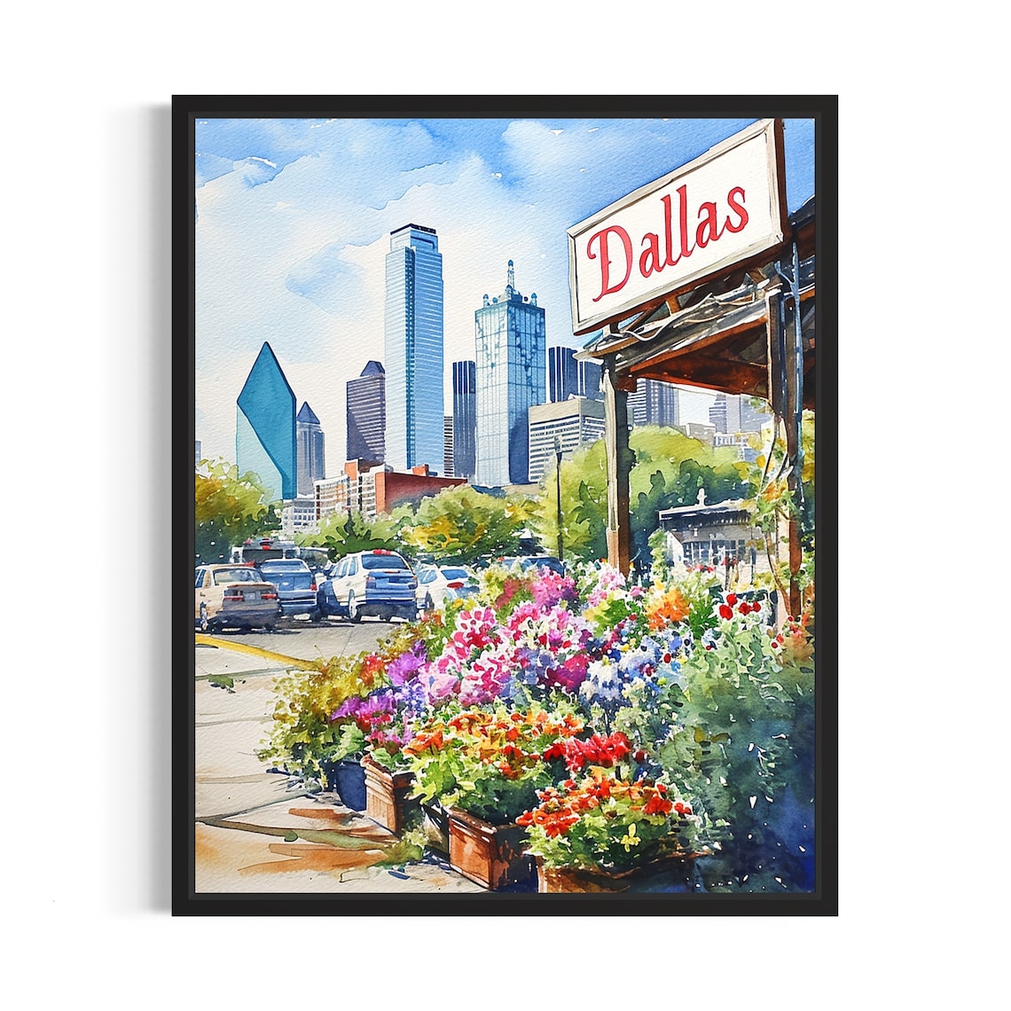 Dallas Texas Downtown Skyline Watercolor Flower Stand Poster