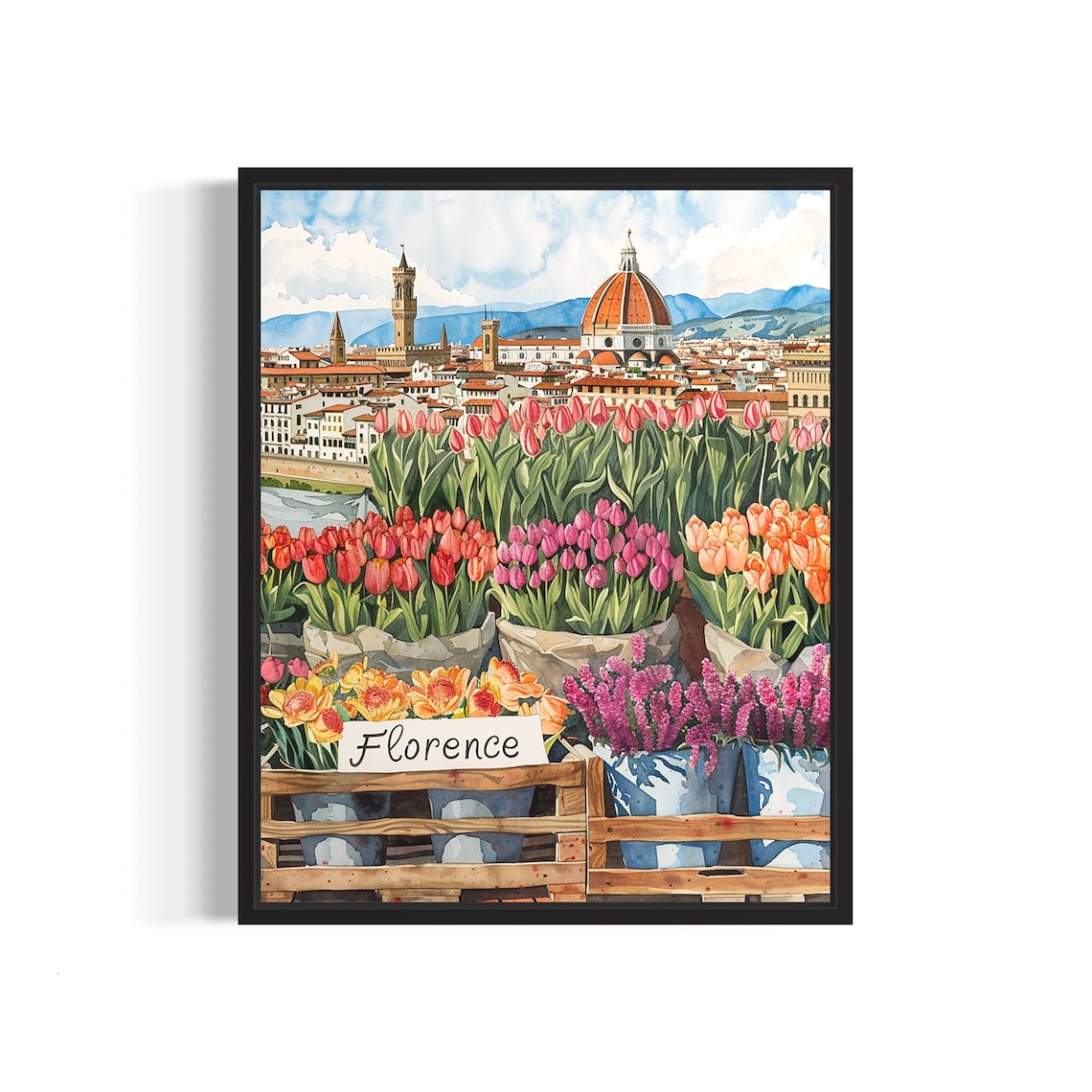 Florence Italy Duomo Dome Watercolor Tulip Market Scene Poster
