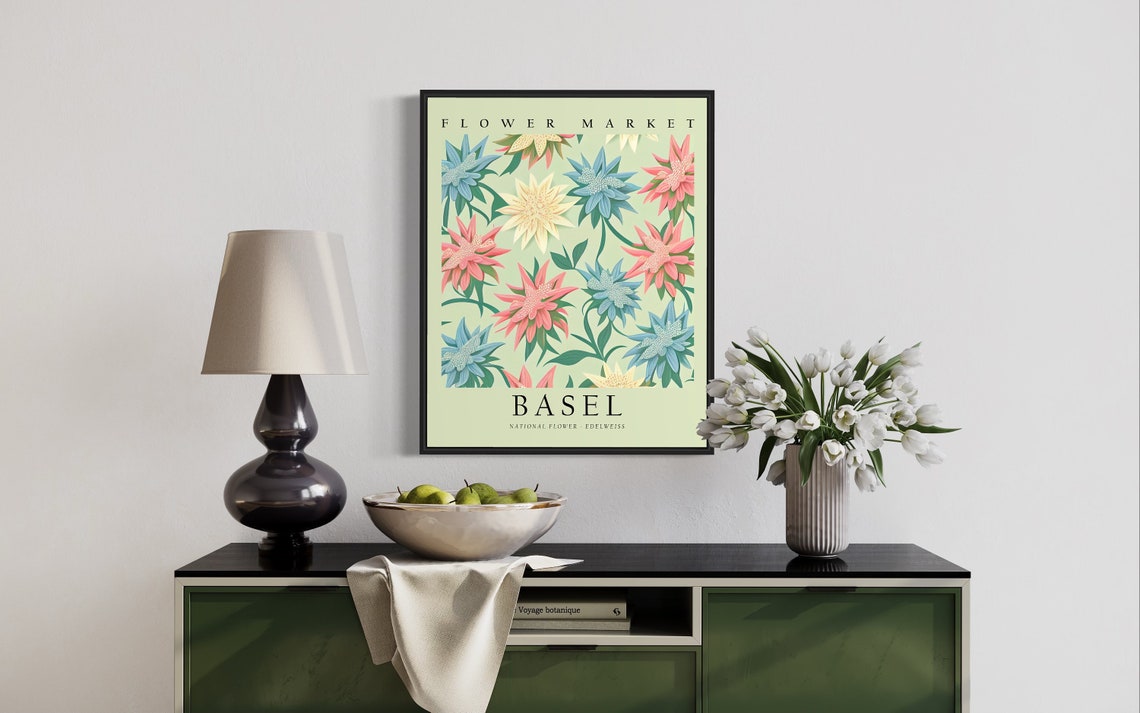 Basel Flower Market Edelweiss Botanical Pattern Illustration Poster - Image 2