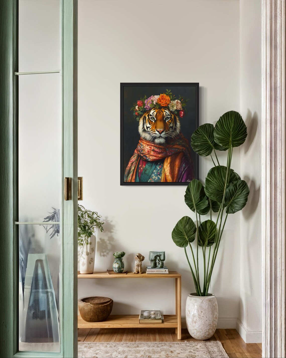 Siberian Tiger Wearing Floral Kimono and Flower Crown Portrait Poster - Image 2