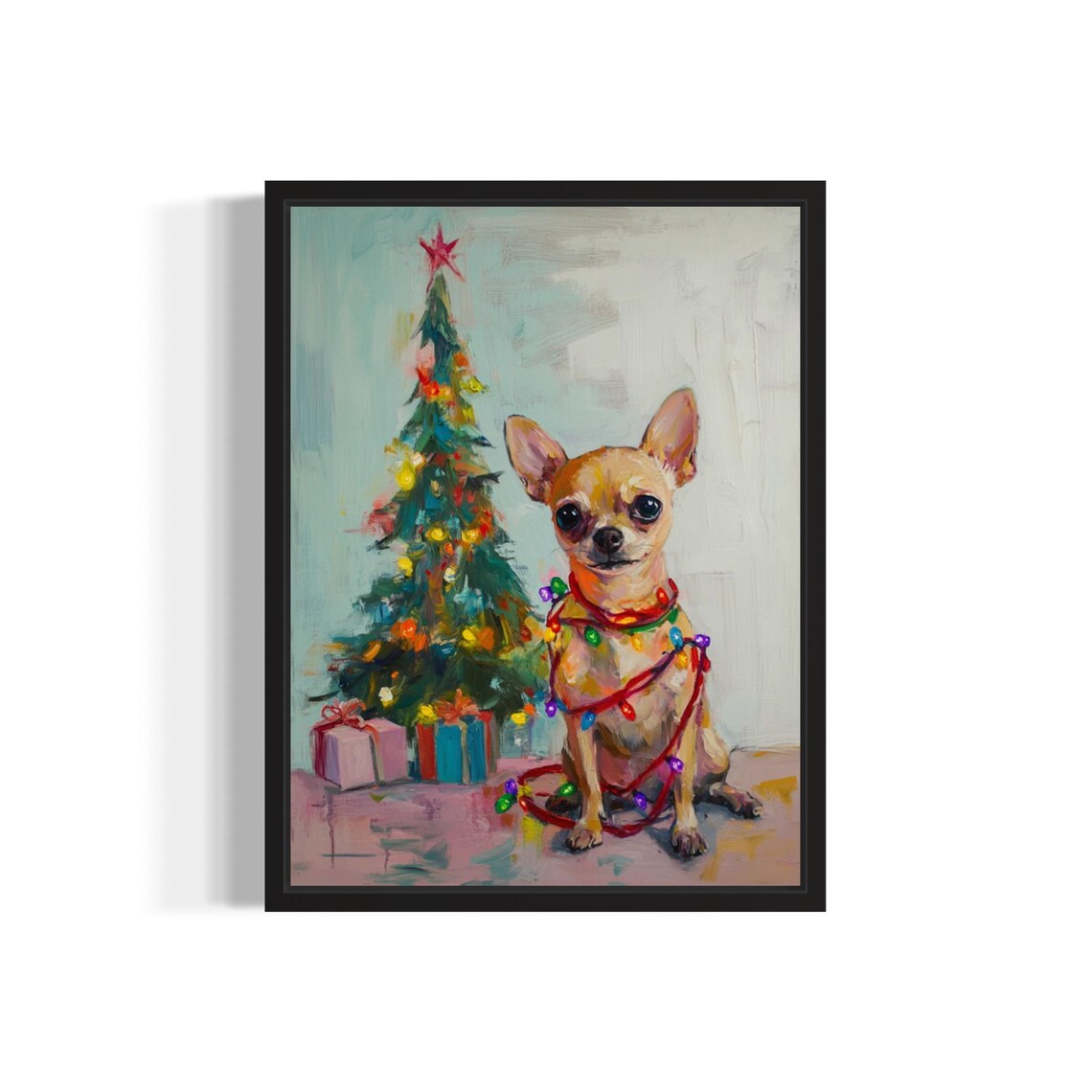 Chihuahua Brown Dog Tangled In Christmas Lights Poster Art Print Animals Wall Art Painting Decor Holiday Season Xmas Posters