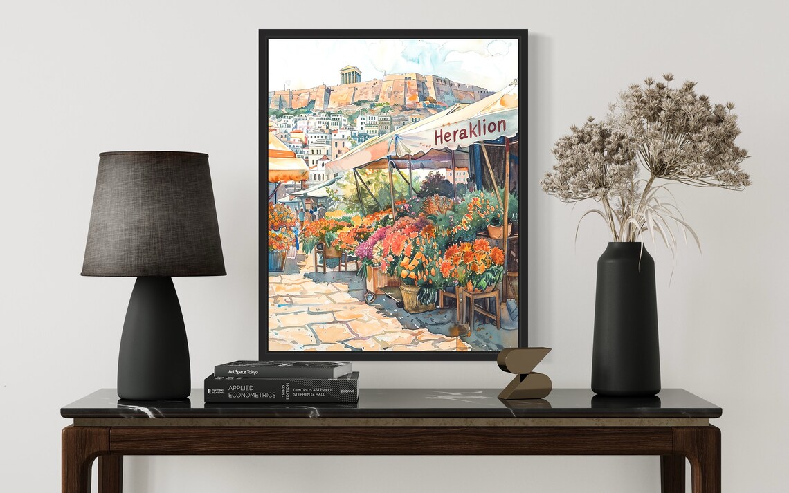 Heraklion Greece Ancient Acropolis Watercolor Flower Market Poster - Image 2