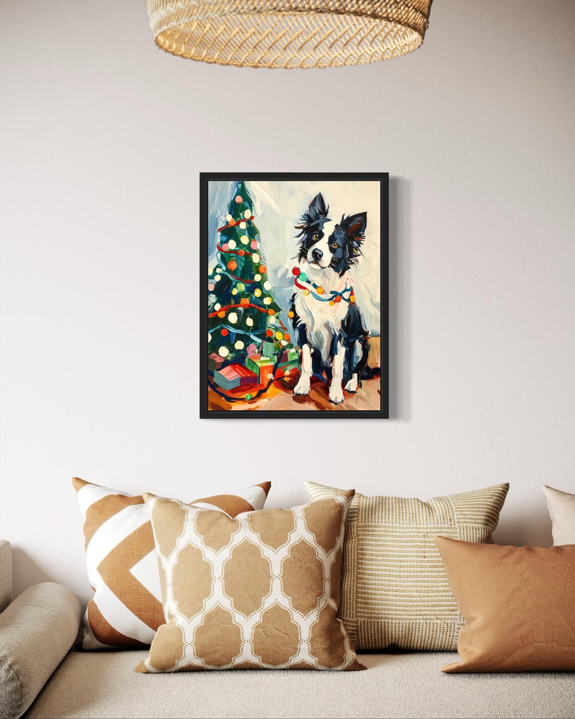 Border Collie Dog Wrapped in Bright Christmas Lights Holiday Poster - Image 2
