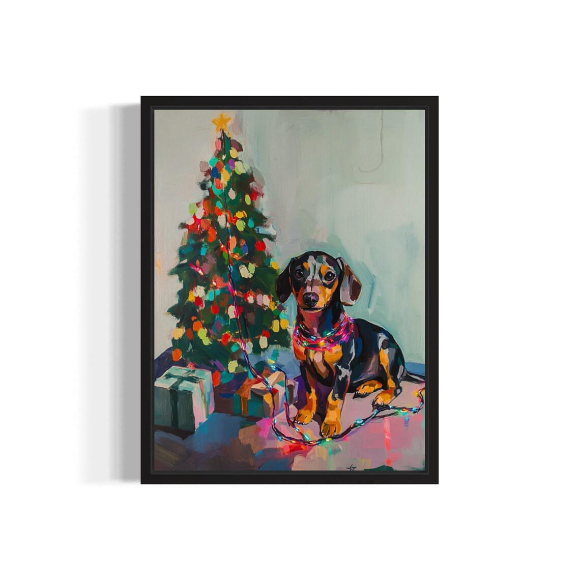 Dachshund Tangled in Christmas Lights Poster Print