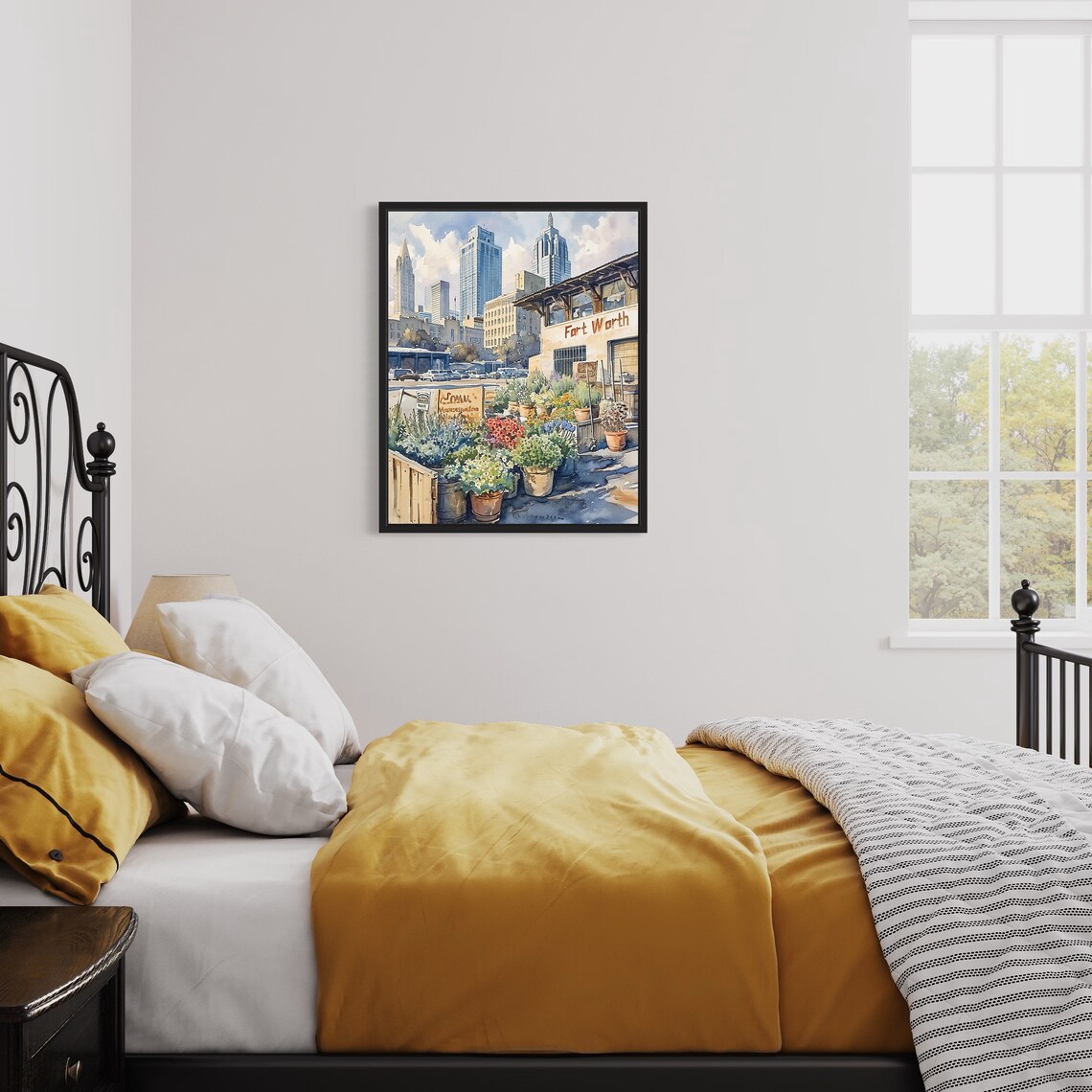 Fort Worth Flower Market Watercolor Poster Potted Blooms Downtown View - Image 3